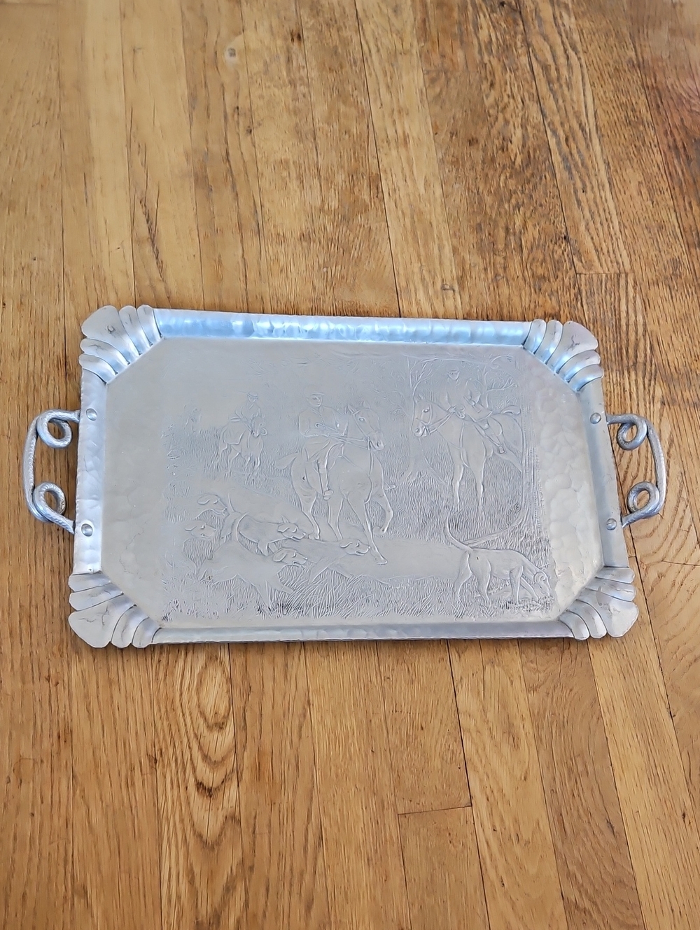 Continental Hammered Hand Wrought Aluminum Tray With Fox Hunting Scene
